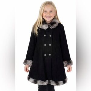 Rothschild England Vintage Long Faux Fur Trim Double Breasted Dress Coat Jacket